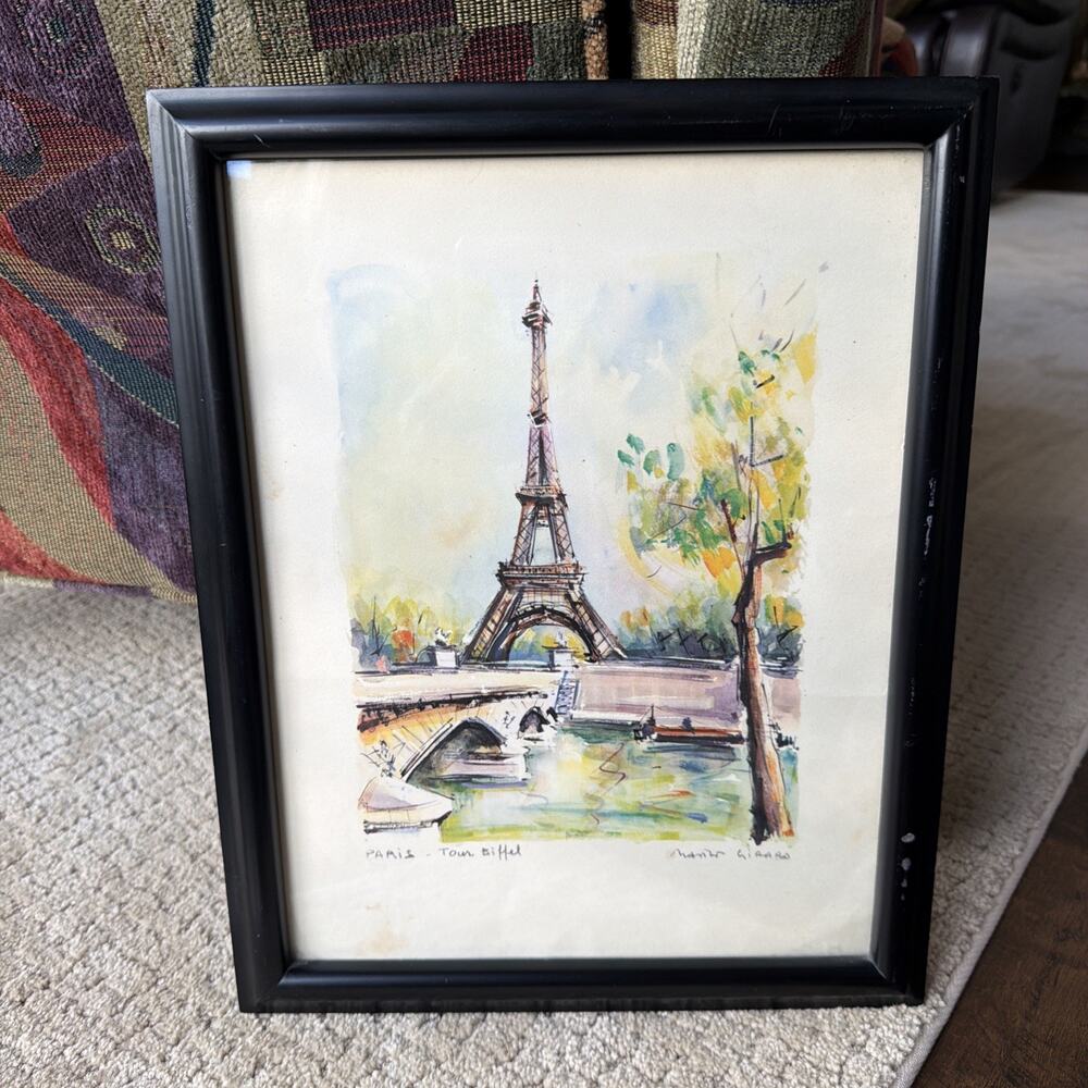 VTG 1960s Marius Girard Paris Tour Eiffel Watercolor Lithograph Print Framed